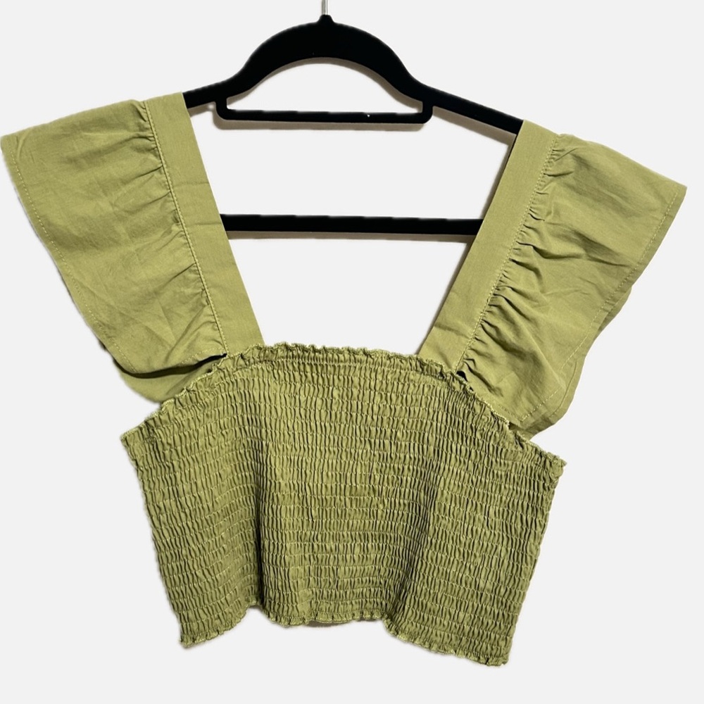 Medium Green Butterfly Sleeve Shirred Crop Top